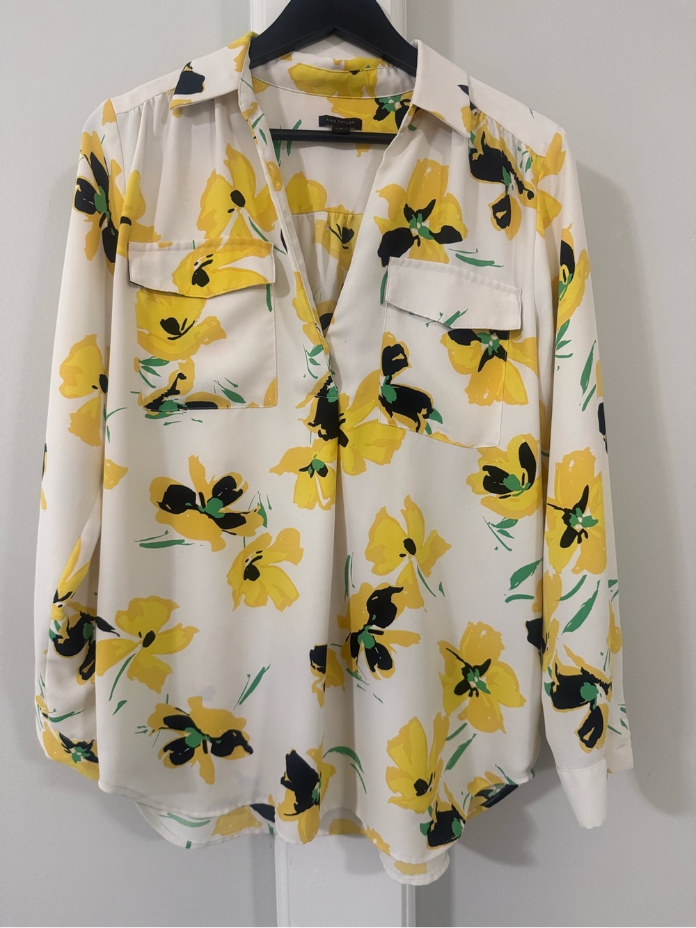 Ann Taylor Yellow Floral Essential Button-Front Blouse